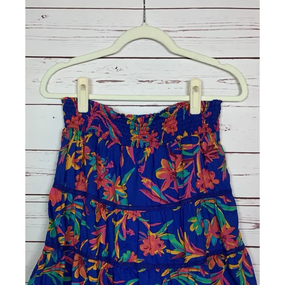 J.Crew Women's S Small Blue Floral Tropical Hawaiin Stretchy Waist Elastic Skirt